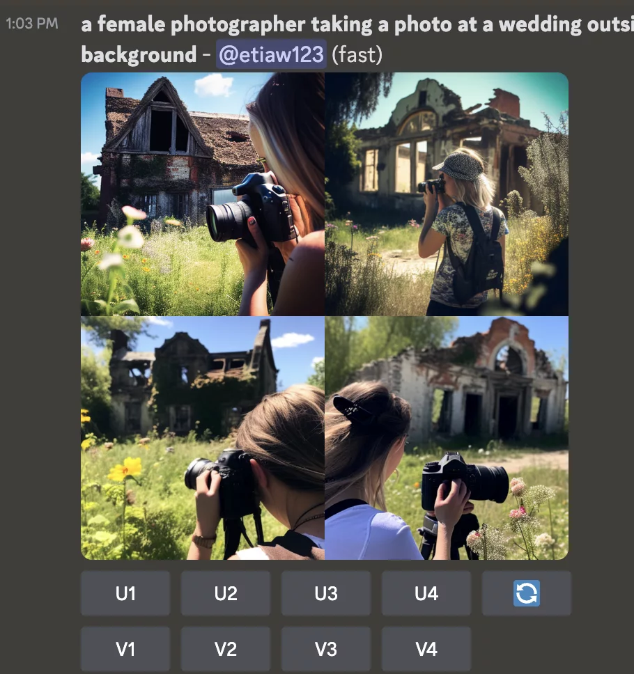 example-of-ai-image-creator-midjourney- with-four-images-of-female-wedding-photographer-taking-photos-of-an-old-rundown-building